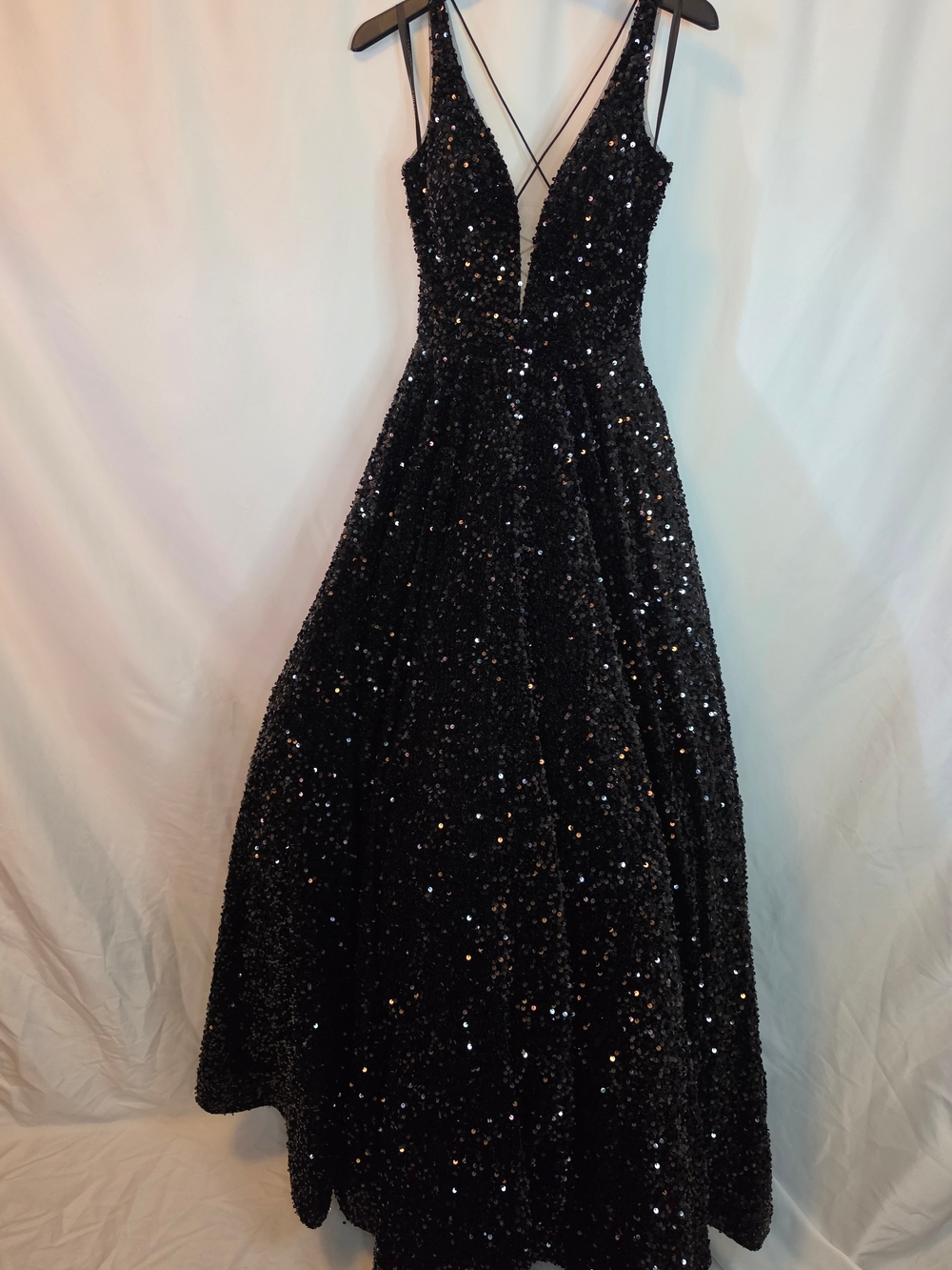 Amarra Black Sequin V-Neck Prom Gown with Strappy Corseted Back.